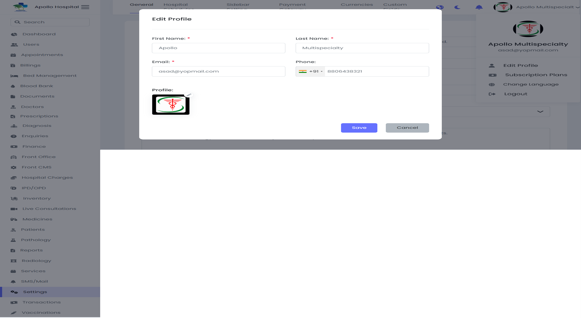 Hospital Management System — hospital panel — Edit Profile